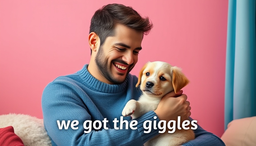 Charming image of man holding puppy in playful interview setting.