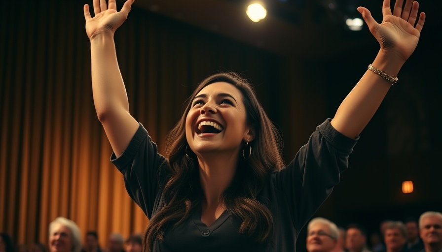 Joyful woman raising arms in endorsement event, dimly lit auditorium.