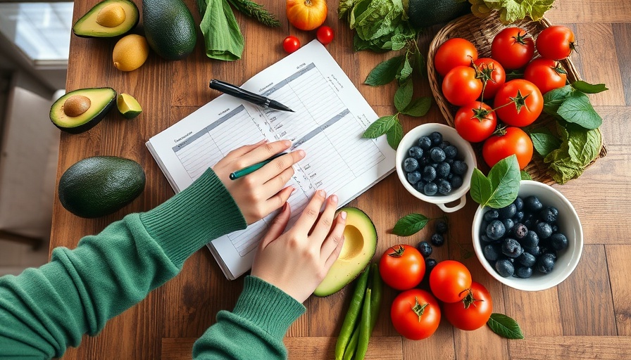Meal planner with fresh produce like avocados, blueberries, tomatoes on a wooden table.