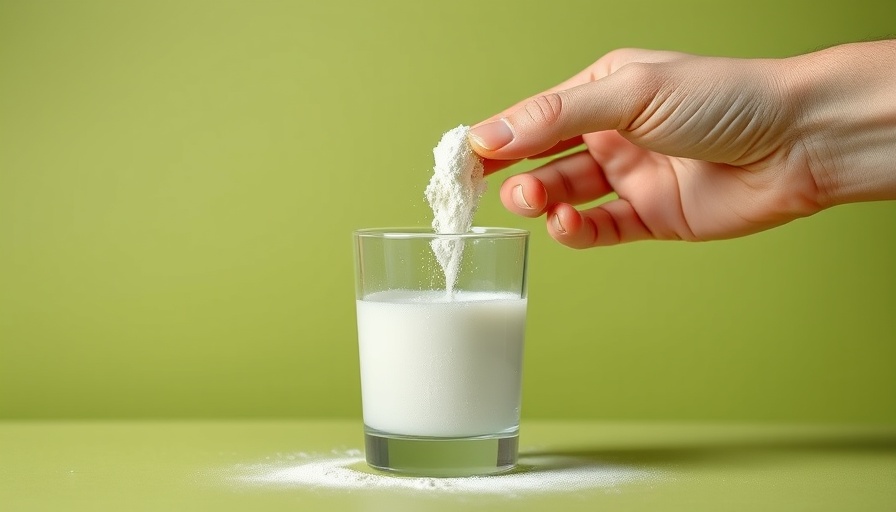 Hand pouring collagen supplement into glass of water.