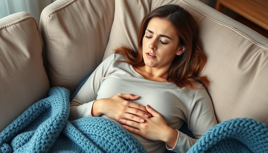 Woman on couch experiencing stomach discomfort, Bacillus coagulans probiotics.