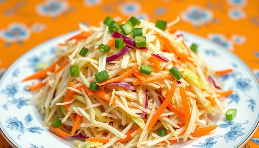 Vibrant fresh coleslaw on decorative plate for Love and Lemons Cooking Club Challenge.