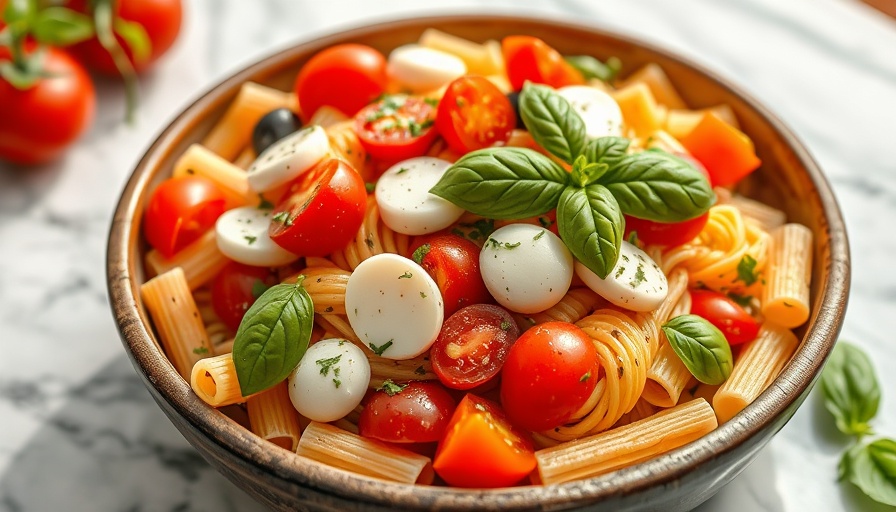 Bright Caprese pasta salad with tomatoes, basil, and mozzarella.