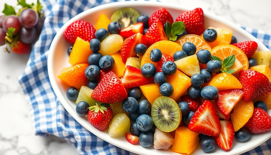 Easy fruit salad recipe featuring fresh mixed fruits in white dish.