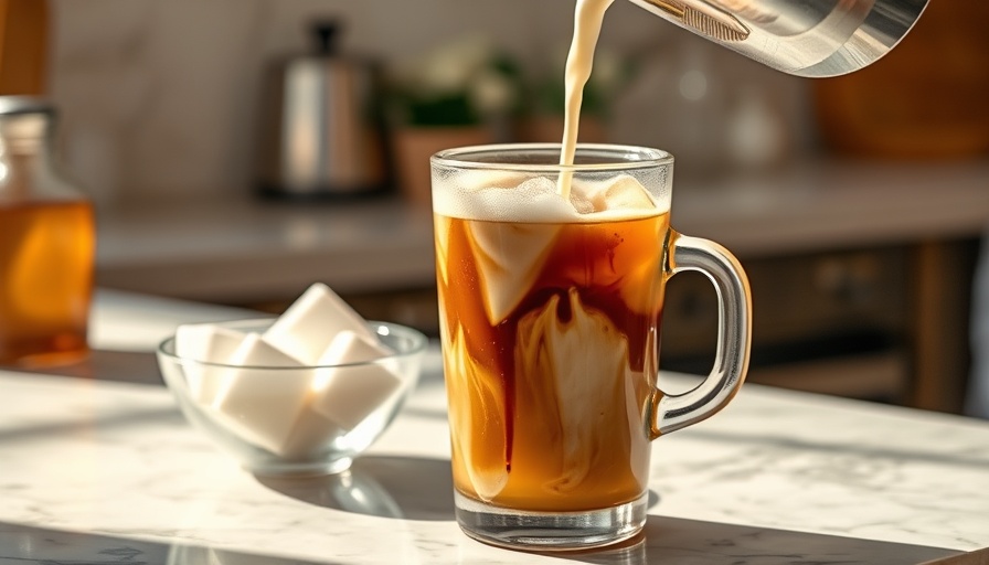 How to make iced coffee: milk swirled in dark brew.