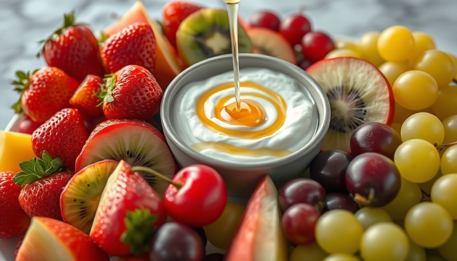 Easy Fruit Dip Recipe with assorted fresh fruits and honey drizzle.