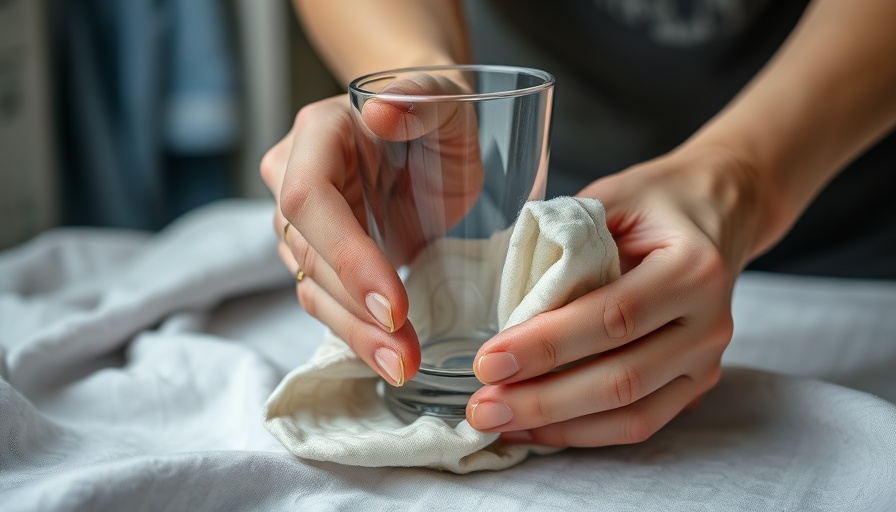 Close-up of hands cleaning a glass in a laundry room, reminding that messes don’t clean themselves.