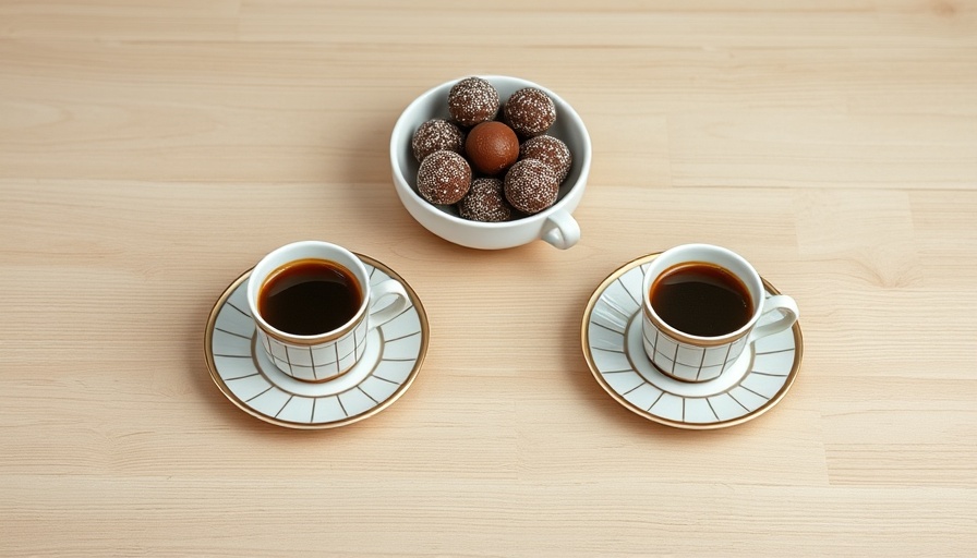 Minimalist coffee setup with cups and truffles on wooden table.