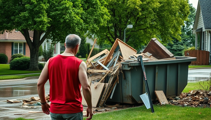 Man in red shirt approaches dumpster with flood debris in Harrison City.