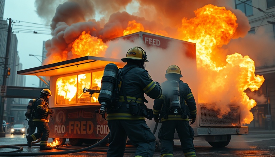 Firefighters managing Pittsburgh food truck fire recovery with heavy smoke.