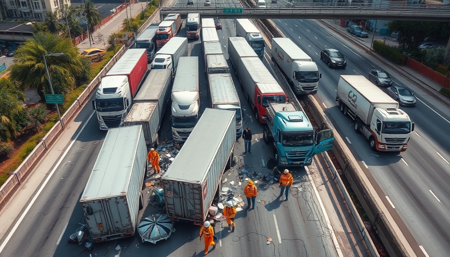Aerial view of multi-vehicle crash scene in Pittsburgh featuring large trucks and debris.