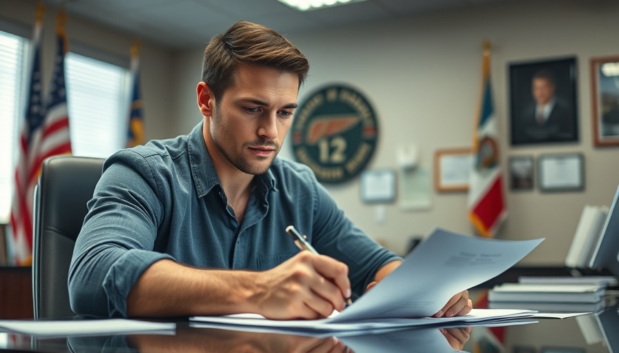 Turkish guard Tunca signs papers at a desk, focused expression.