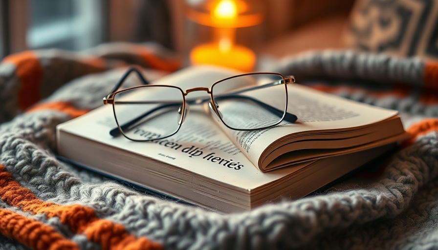 Cozy reading scene with glasses on book on striped blanket.