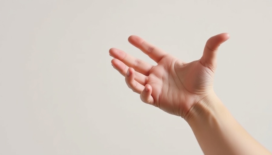 Transparent text overlay on hand, 'Dealing with Shaking Hands'.