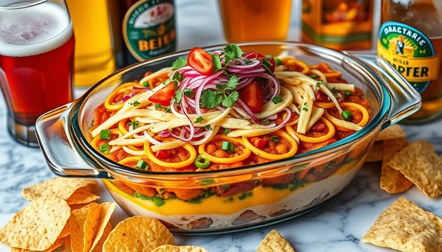 Colorful 7 layer dip recipe in glass dish with tortilla chips.
