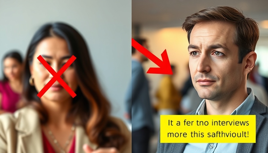 Contrasting image of blurred woman with red 'X' and neutral man in interview scene.