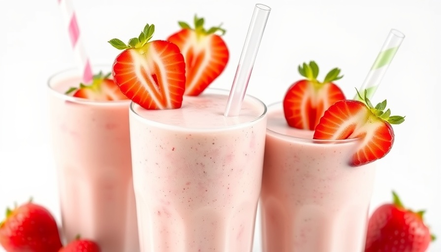 Delicious strawberry banana smoothie topped with fresh strawberries.