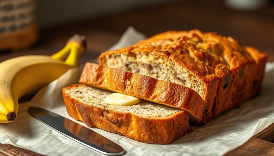 Sourdough discard banana bread with butter and bananas.