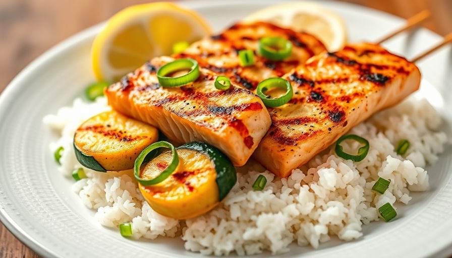 Healthy miso salmon skewers with rice and lemon.