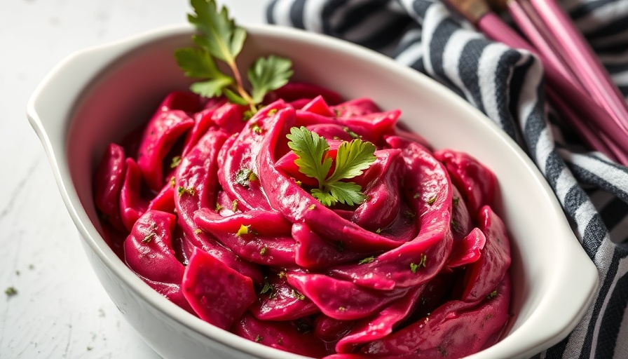 Vibrant creamy beet salad garnished in white dish.