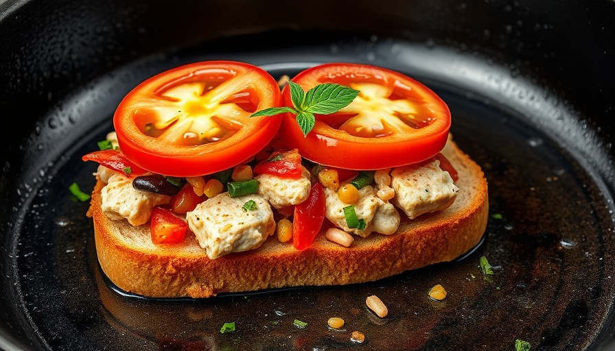 Healthy tuna melt recipe with fresh tomato in frying pan.