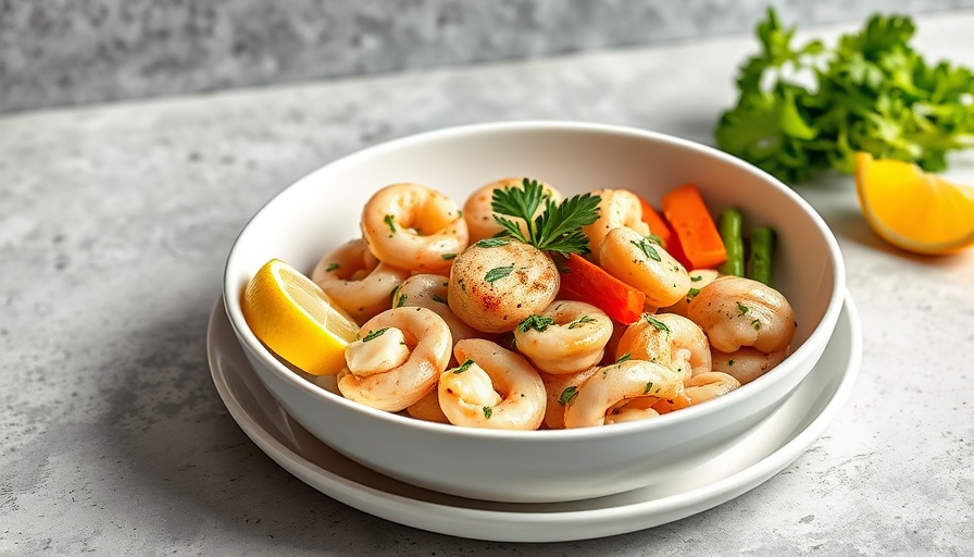 Healthy chicken scampi with fresh vegetables and herbs in a bowl.