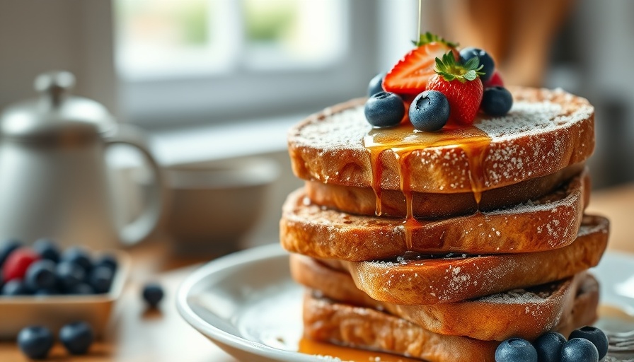 Cinnamon sugar French toast with berries and syrup in kitchen setting.