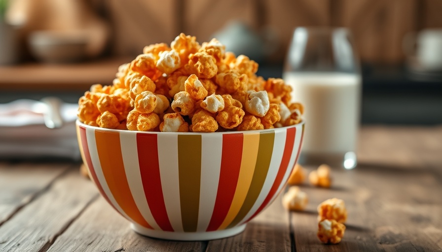 Susan’s Crispy Caramel Corn Recipe in colorful bowl with milk.