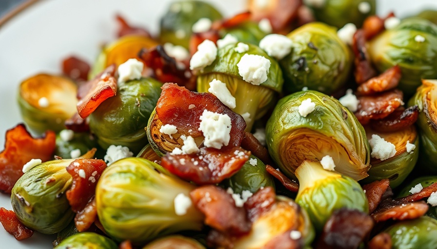 Roasted Brussels Sprouts with Bacon and Blue Cheese dish close-up.