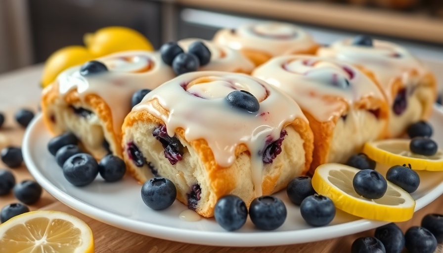 Lemon blueberry rolls with icing on a platter with fresh fruits.
