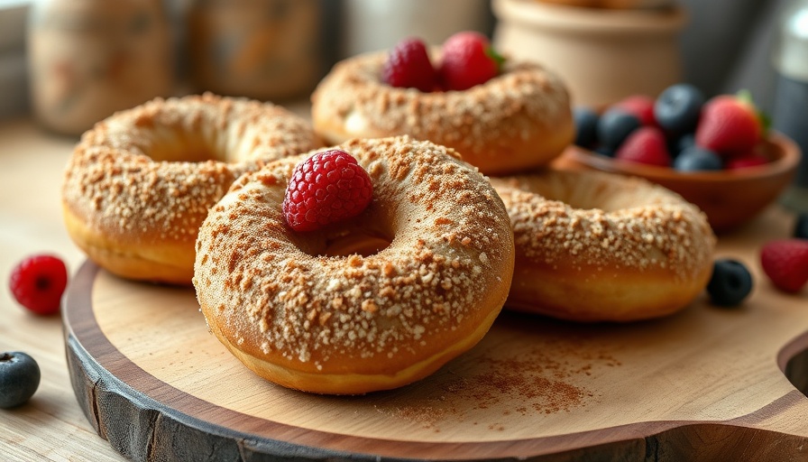 Cinnamon sugar bagels with berries on wooden board.