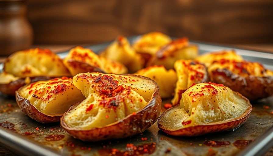 Smashed potatoes with paprika and cumin on baking tray.