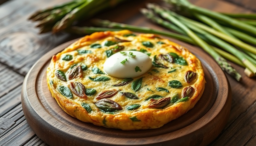 Asparagus frittata with burrata in a skillet on a rustic table.