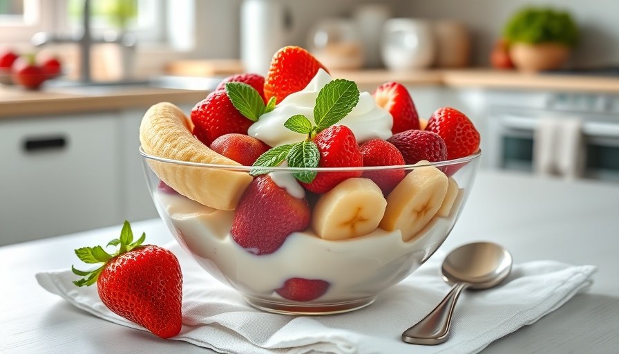 Strawberry and Yogurt Fruit Salad with fresh mint garnish.