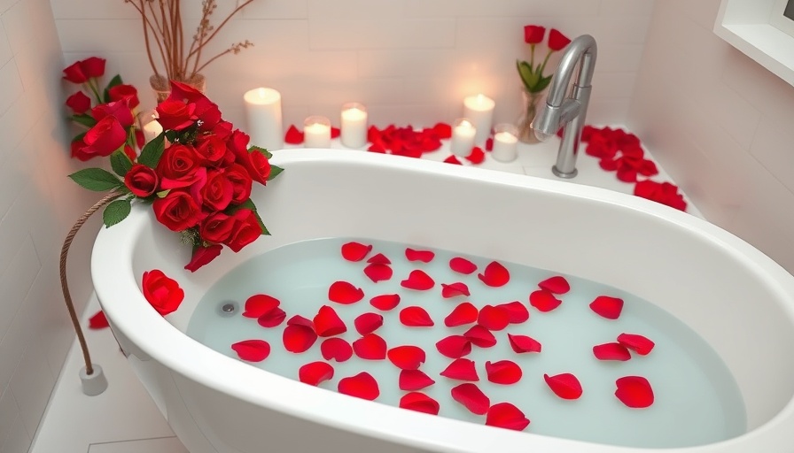 Elegant detox bath with rose petals and flowers.