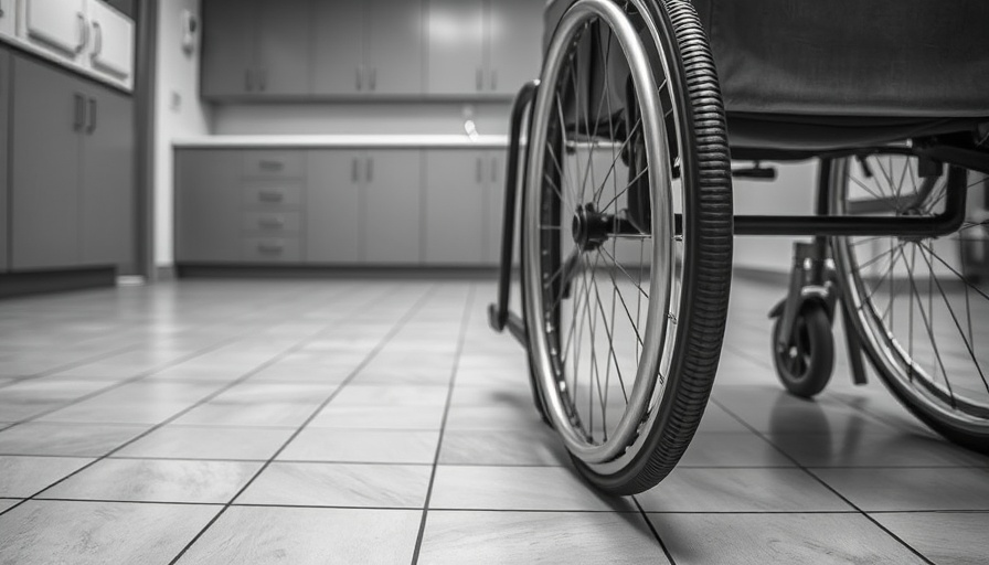 Wheelchair close-up emphasizing mobility aids; spinal health focus.