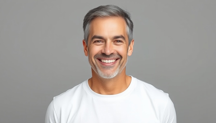 Confident man in white T-shirt promoting CoolSculpting for Men.