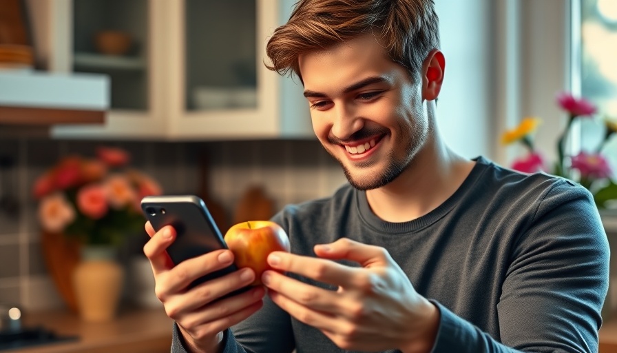 Man enjoying a snack and browsing phone in a cozy kitchen.