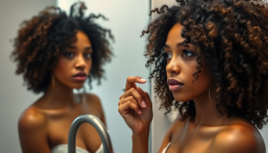 Woman assessing reflection in mirror, filler migration topic.