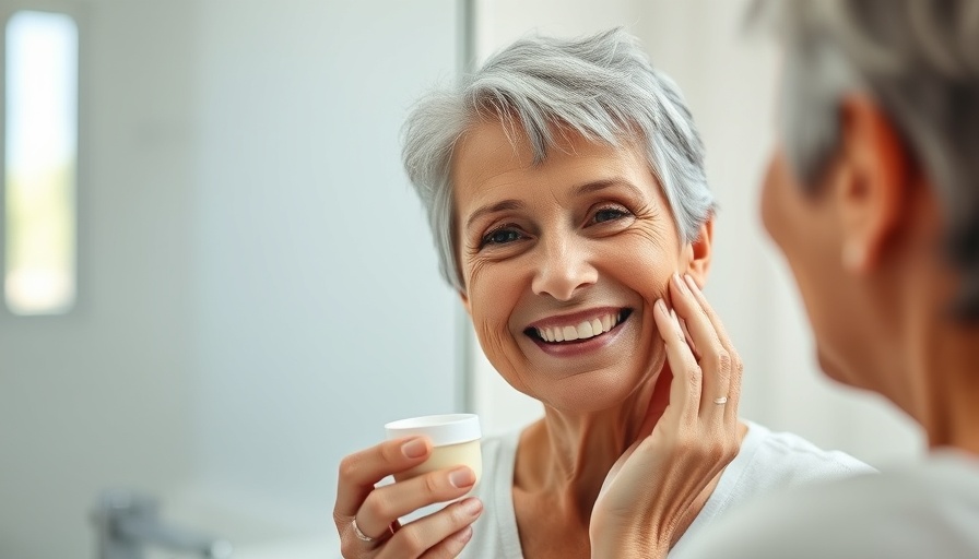 Older woman applying skincare cream, promoting pro age skincare.