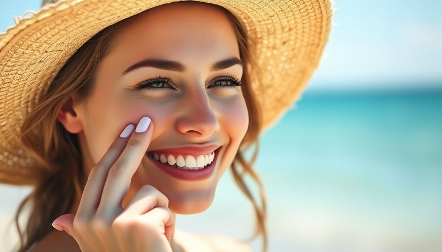 Woman applying ceramide sunscreen benefits on beach.