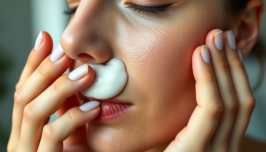 Woman applying heavy thick moisturizer for dry skin closely on cheek.