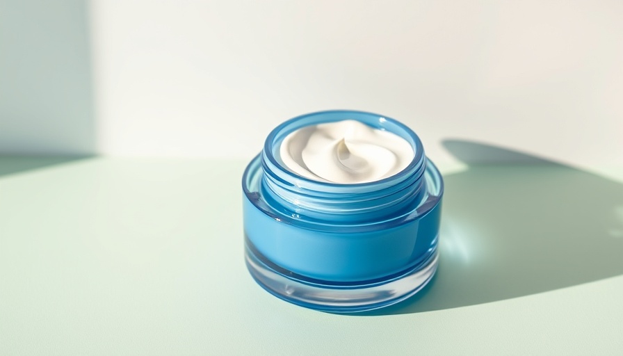 Open blue moisturizer jar on light green surface