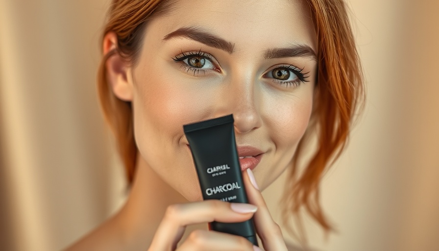 A woman with auburn hair holds a charcoal skincare product.