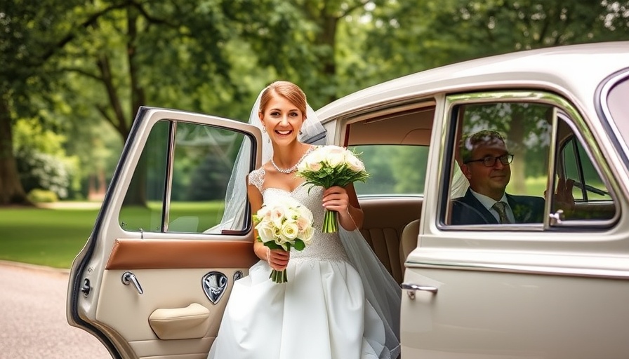 Joyful bride exiting vintage car with bouquet, skin care glow.
