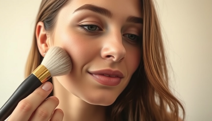 Woman applying SPF powder with a brush for summer skincare.