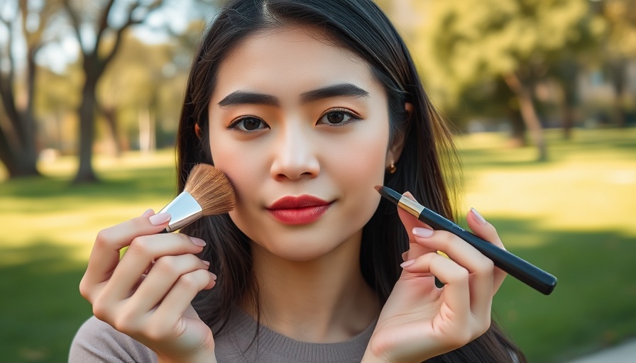 Young woman in a park applying blush, showcasing spring makeup essentials.