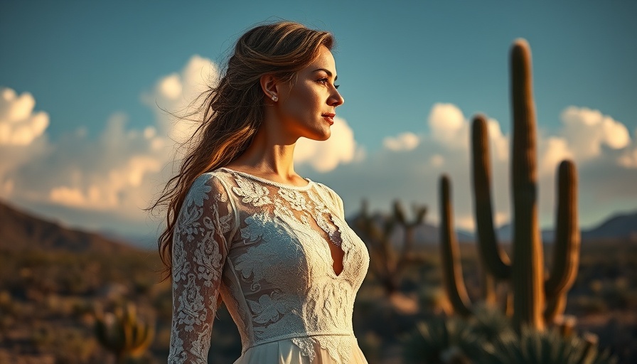 Bride in lace dress in desert landscape, Wedding Skincare Must-Haves.