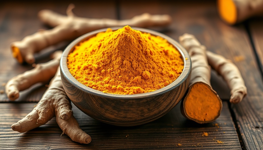 Turmeric roots and powder for hair growth on wooden table