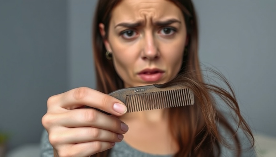 Concerned woman examining comb with hair, photorealistic image.